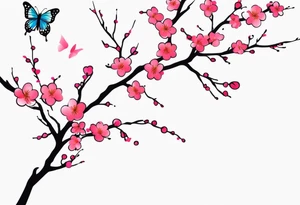 Vibrant, pink plum blossom branches with colorful butterflies tattoo idea