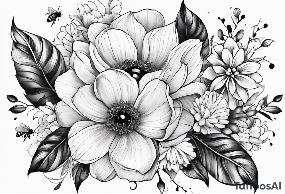 Arm wrap floral dainty with bee tattoo idea