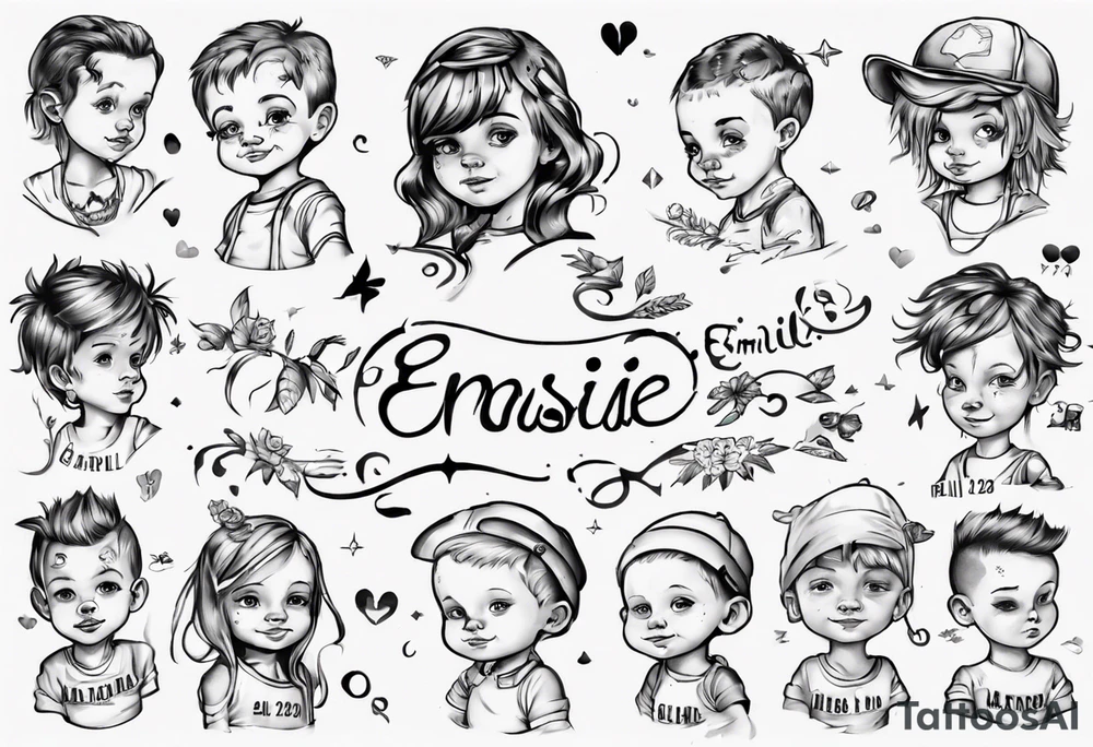 tattoo with names of kids, the names are Chris André, he is a boy and he is born 23. April 2016, and the other kid is named Emilie, she is a girl and is born 27. march 2021. tattoo idea