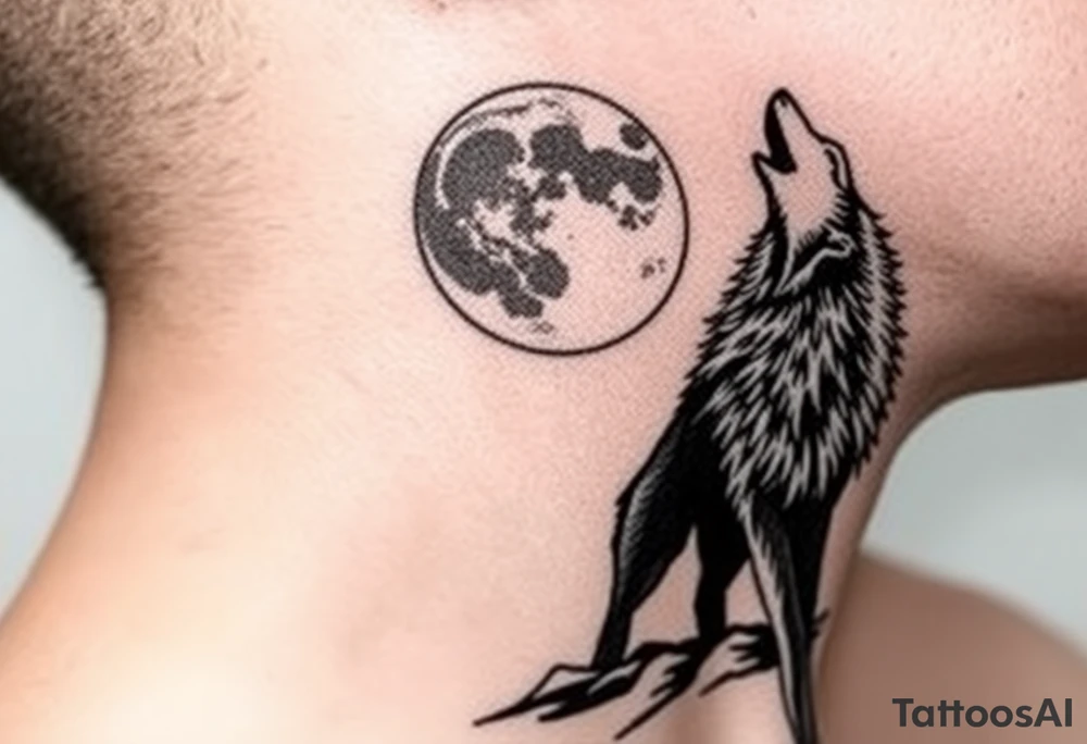 lone wolf howling at full moon with northern lights backdrop tattoo idea