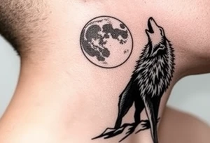 lone wolf howling at full moon with northern lights backdrop tattoo idea