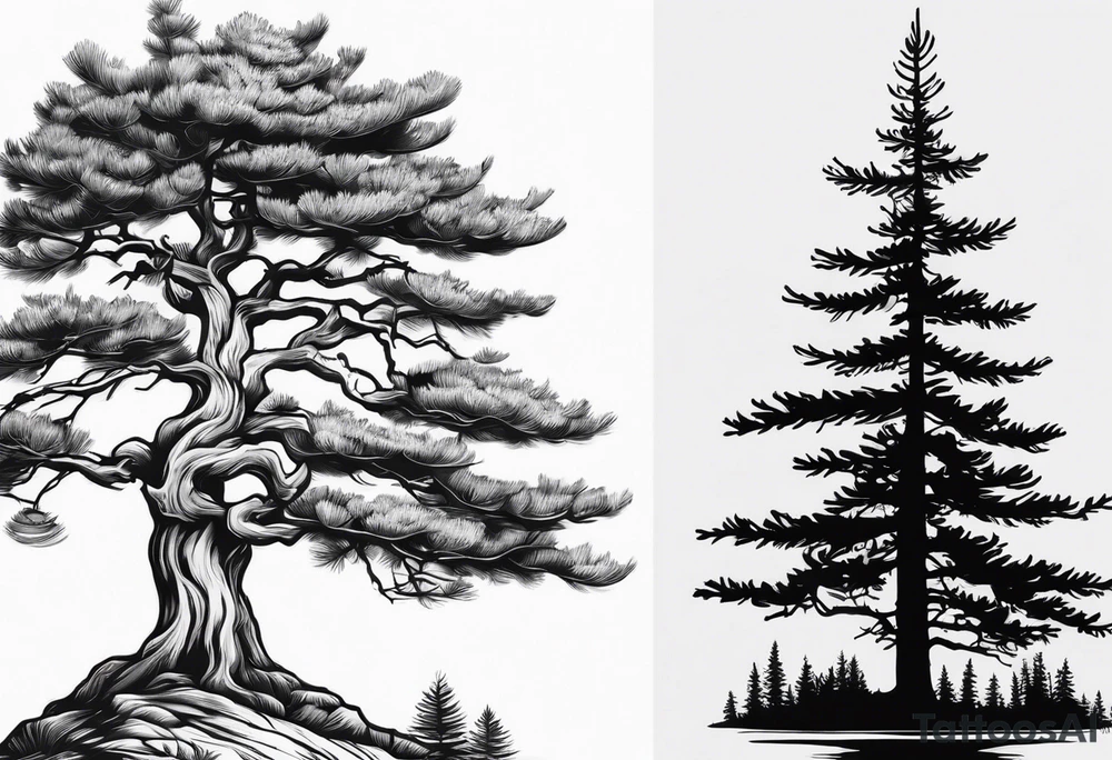 Pine tree conected with reflecting junpier tree tattoo idea