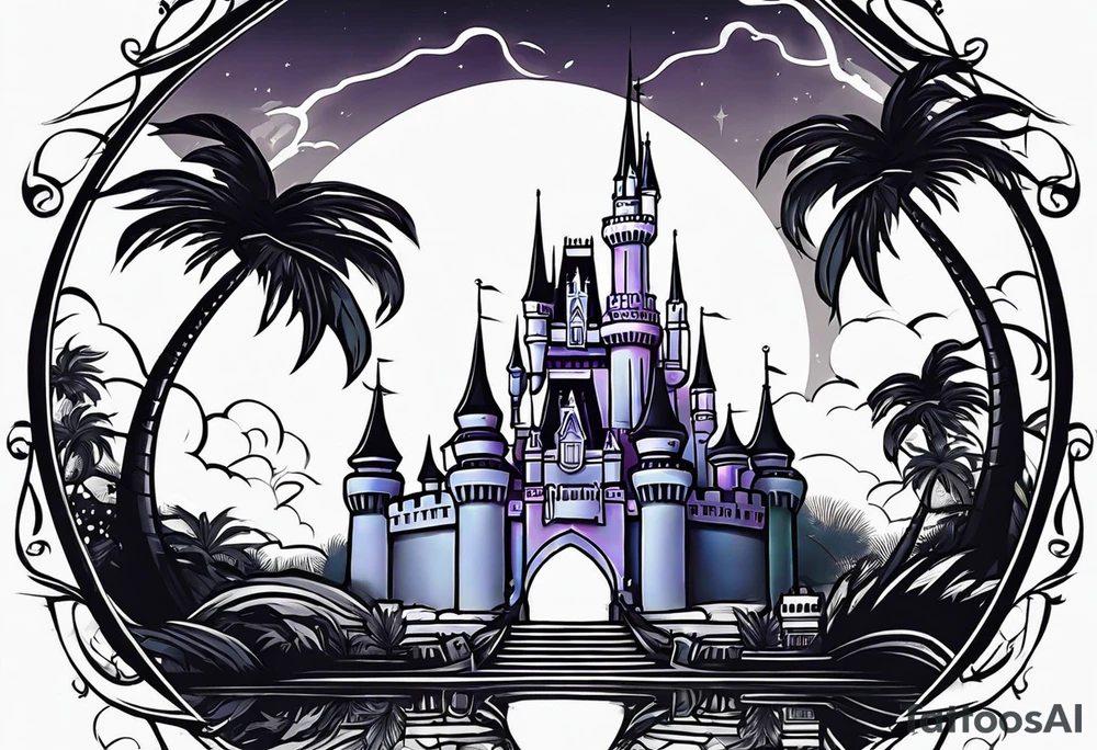 disney castle with lightning palm trees and a karambit tattoo idea
