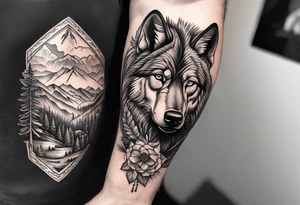 Montana mountains cowboy bison wolf leg sleeve tattoo idea