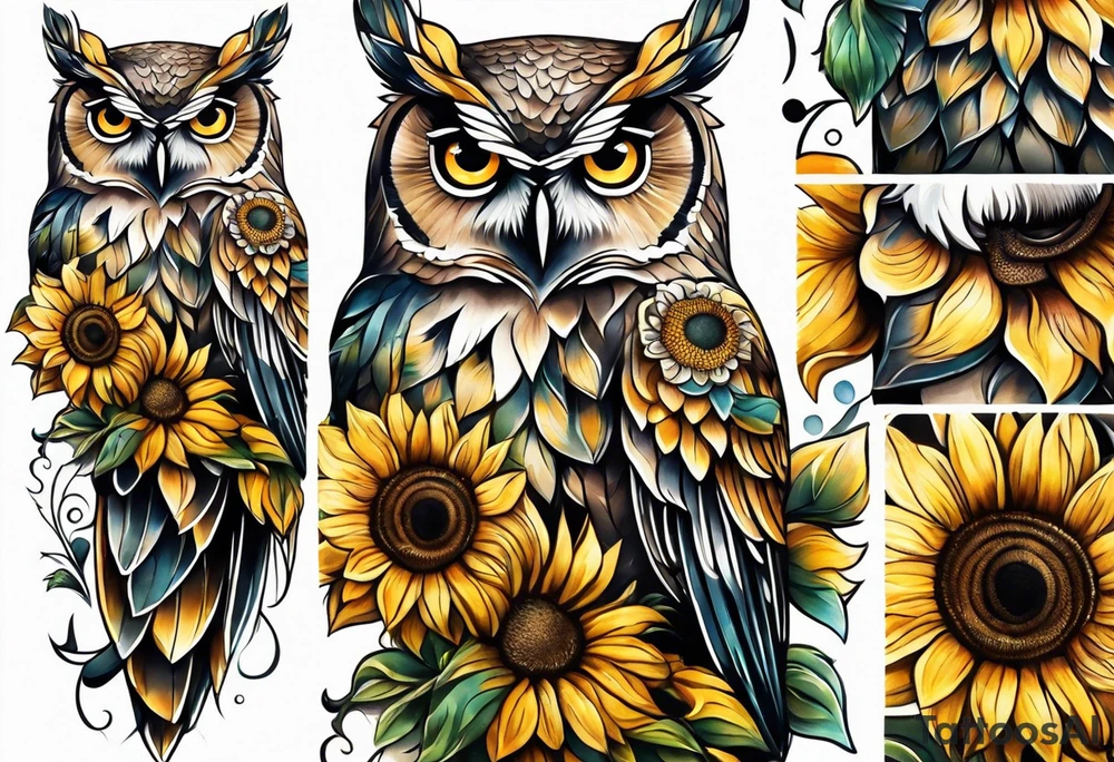 Owl with sunflowers leg sleeve tattoo idea