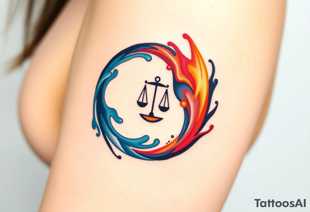 A stylized yin-yang symbol made of swirling water and fire, with a delicate balance scale in the center, representing karmic opposition. tattoo idea