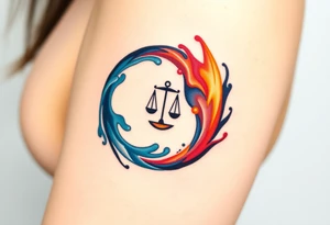 A stylized yin-yang symbol made of swirling water and fire, with a delicate balance scale in the center, representing karmic opposition. tattoo idea