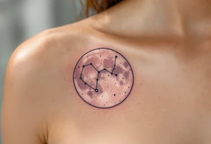 A fine-line Pisces constellation is overlaid on a soft pink moon, capturing the emotional depth of the zodiac. tattoo idea