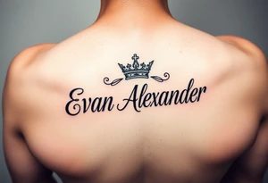 Name tattoo that says Evan Alexander with a crown on forearm tattoo idea