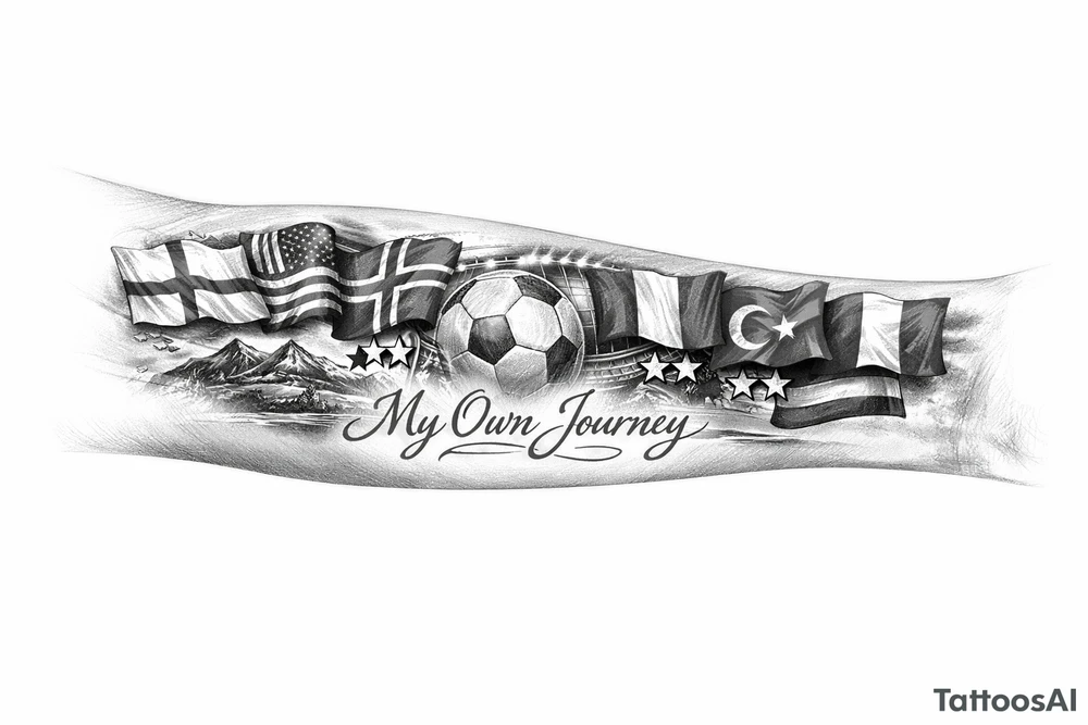 Football related my own journey England USA Iceland Italy Spain Turkey France Hungary flags inside forearm can u put 3 stars under iceland , 2 under turkey and italy
And quote in middle tattoo idea