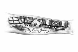 Football related my own journey England USA Iceland Italy Spain Turkey France Hungary flags inside forearm can u put 3 stars under iceland , 2 under turkey and italy
And quote in middle tattoo idea
