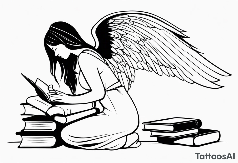 Kneeling Girl with angel wings, side profile, holding a stack of books that are open with silhouettes of birds flying out of them. Smaller and more  minimalistic. Thinner lines tattoo idea