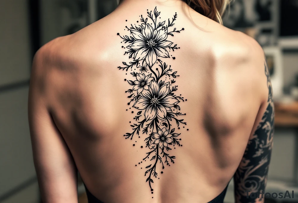 1.	Cherry Blossom Flow (Central Spine): A cascading cherry blossom flowing vertically along the spine to cover the central portion of the existing tattoo. Symmetrical patterns inspired by ornamental designs, with intricate curves and dotwork extending outward from the base of the spine. These elements should balance the floral motif and enhance the lower back area with a decorative, feminine flair.
	3.	Dotwork and Contouring: Delicate linework and dot patterns should be added around the floral design to give texture and seamlessly blend the tattoo with the surrounding skin. The ornamentation should curve naturally along the shape of the body, creating a cohesive, elegant look. tattoo idea