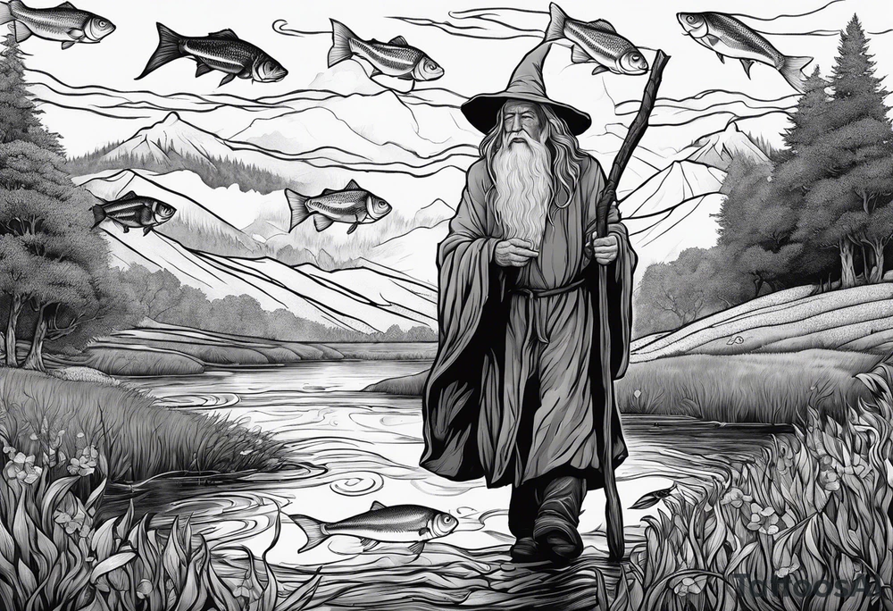 gandalf walking into a field of fish tattoo idea