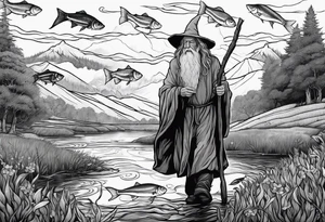 gandalf walking into a field of fish tattoo idea
