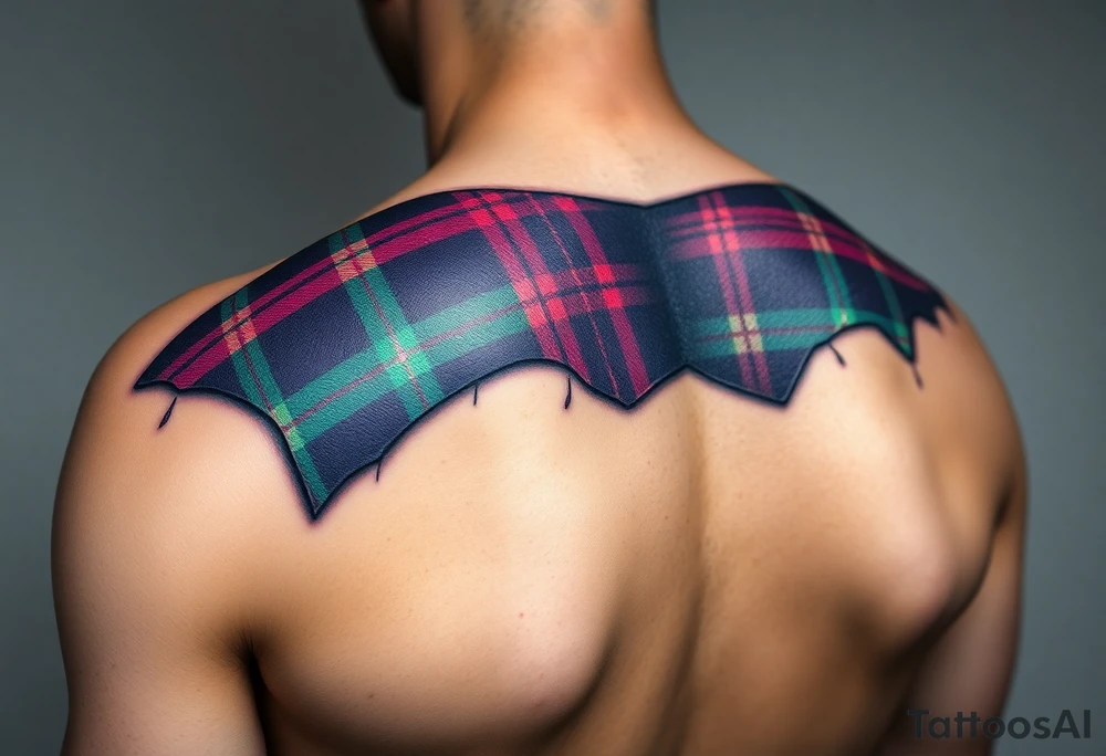 Tattoo on shoulder Dark Purple with green pink blue and white highlights tartan fabric 
with skin ripping away at edges tattoo idea