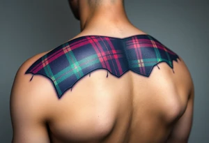 Tattoo on shoulder Dark Purple with green pink blue and white highlights tartan fabric 
with skin ripping away at edges tattoo idea