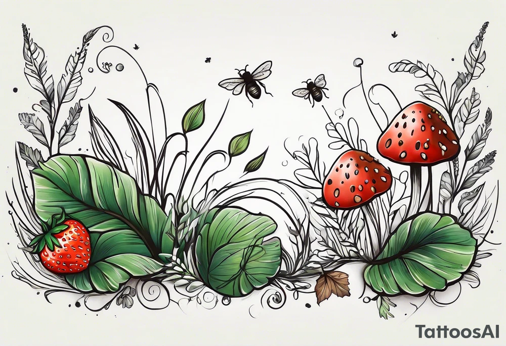 forest floor inspired minimalist tattoo, which includes grass, curly ferns and dead leaves as the bulk of the tattoo. details to include: three very tiny strawberries, a tiny bumblebee flying nearby, three small brown mushrooms tattoo idea