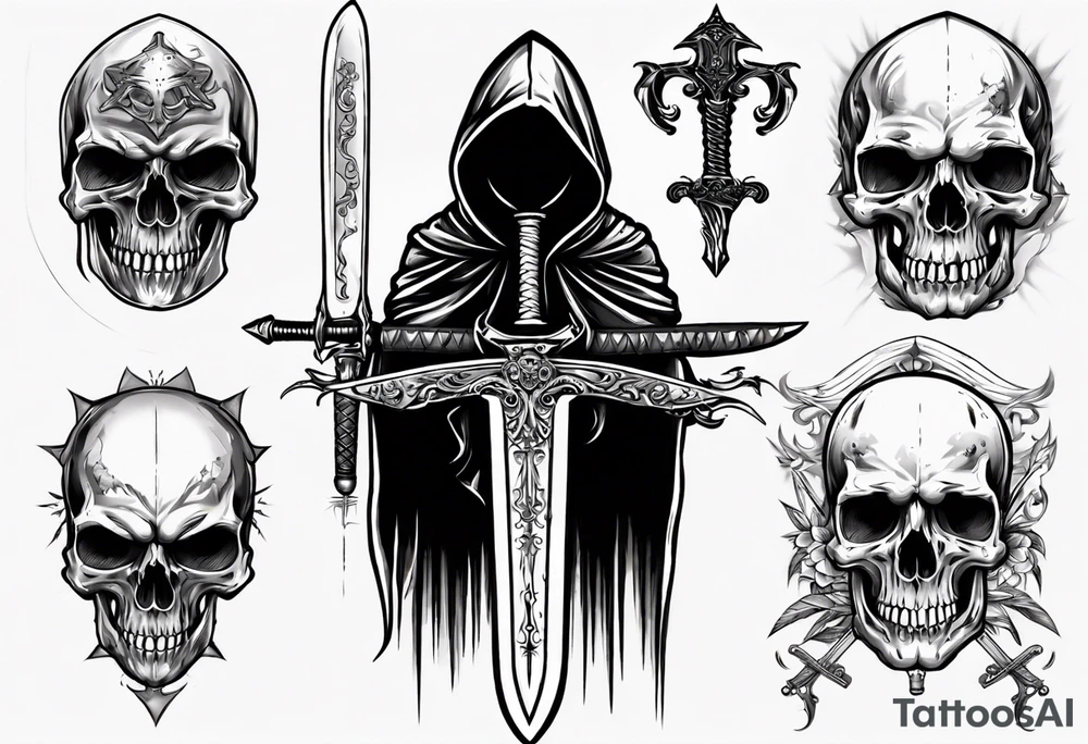 hooded skull sword tattoo idea
