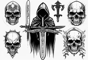 hooded skull sword tattoo idea