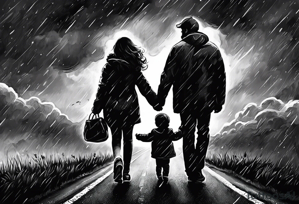 the following text: Come take my hand
We walk this road together 
through the storm
Whatever weather 
cold or warm
you're not alone
we're on the same road

plus a father and son picture with a football walking on a way 

plus a baby hand hold by an adult hand tattoo idea