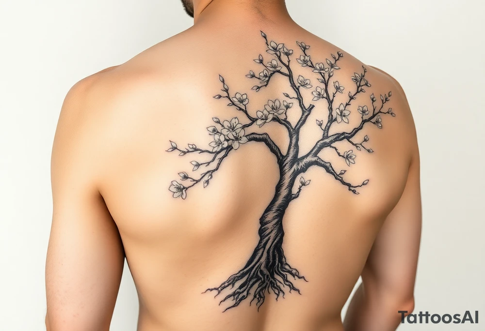 japanese cherry blossom tree as a side tattoo that goes into a chest piece and a left arm sleeve with the roots being below the waste line tattoo idea