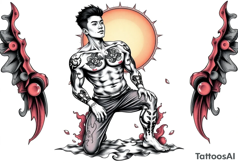 Handsome Asian young guy is standing on his knees tattoo idea