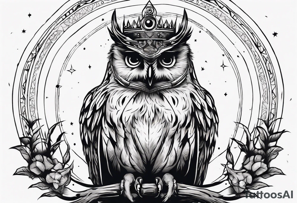 Wise Crowned Owl perched with the Dark Moon. tattoo idea