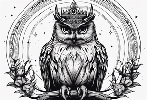 Wise Crowned Owl perched with the Dark Moon. tattoo idea