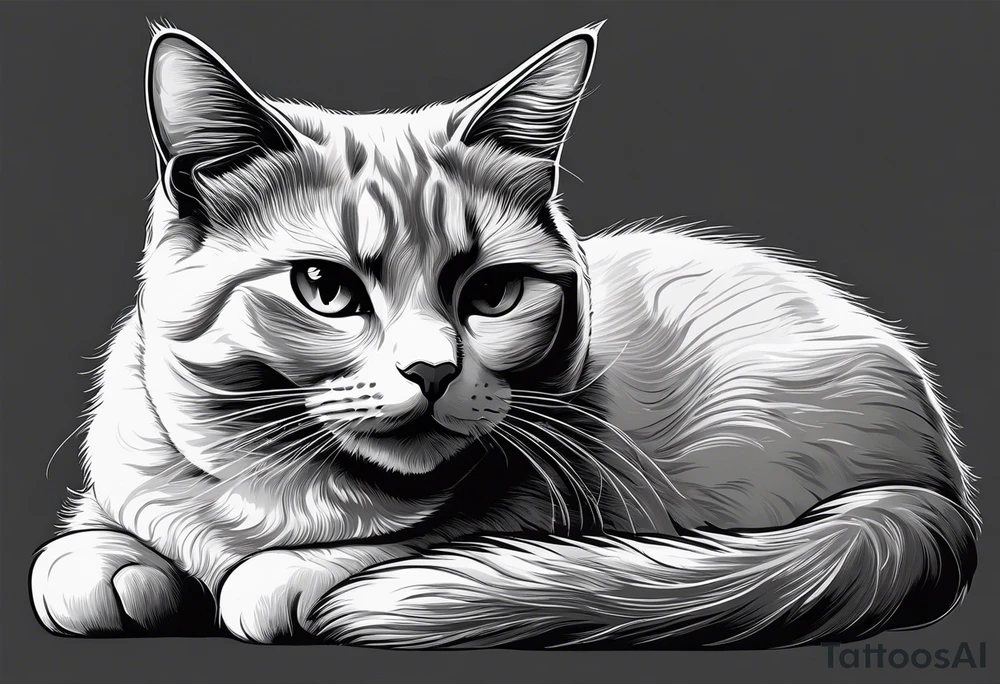 Simple line drawing of a grey cat white some small white patches on her belly and white paws. Face is all grey.  I want her curled up sleeping. She has short hair. tattoo idea