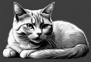 Simple line drawing of a grey cat white some small white patches on her belly and white paws. Face is all grey.  I want her curled up sleeping. She has short hair. tattoo idea