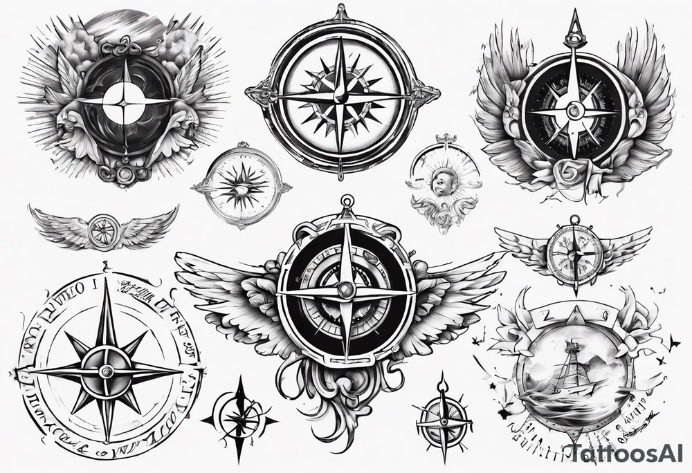 Chest tatoo with sun and letters and compass and angels tattoo idea