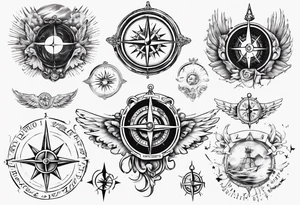 Chest tatoo with sun and letters and compass and angels tattoo idea