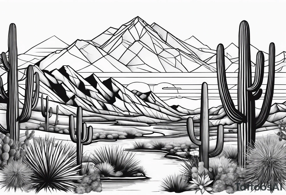 Arizona desert with lakes and mountains over cactus tattoo idea