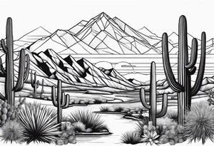 Arizona desert with lakes and mountains over cactus tattoo idea