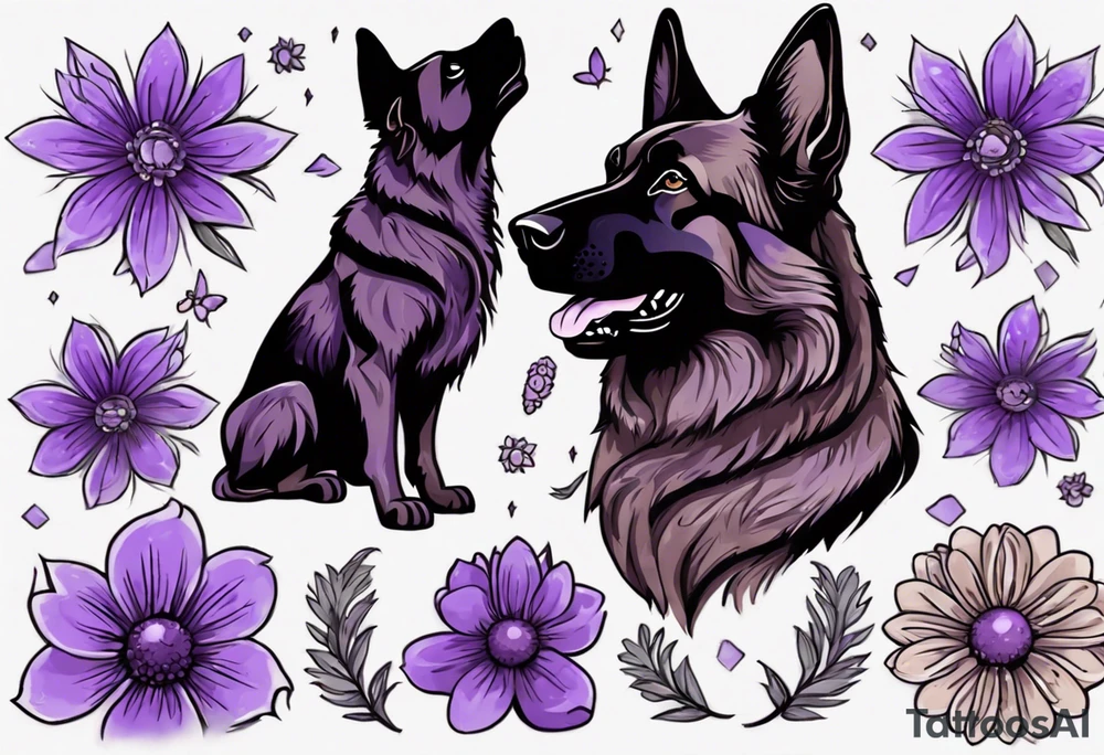Dark Brown German shepherd portrait surrounded by purple daisies tattoo idea