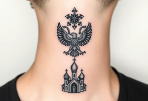 Stacked Vertical Column 

Russian star — bold
Middle: double-headed eagle — simplified, cleaner lines to suit the smaller space
Bottom: Orthodox church dome(s) & a Virgin Mary silhouette beneath tattoo idea