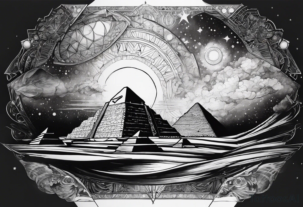 I want a tattoo of the Big Bang with a black hole and inside the black hole I want the pyramids of Giza. tattoo idea