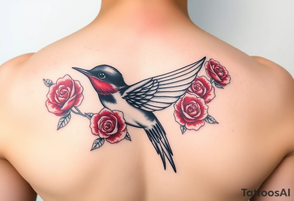 Feminine Swallow bird, with ruby color roses tattoo idea