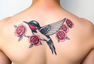 Feminine Swallow bird, with ruby color roses tattoo idea