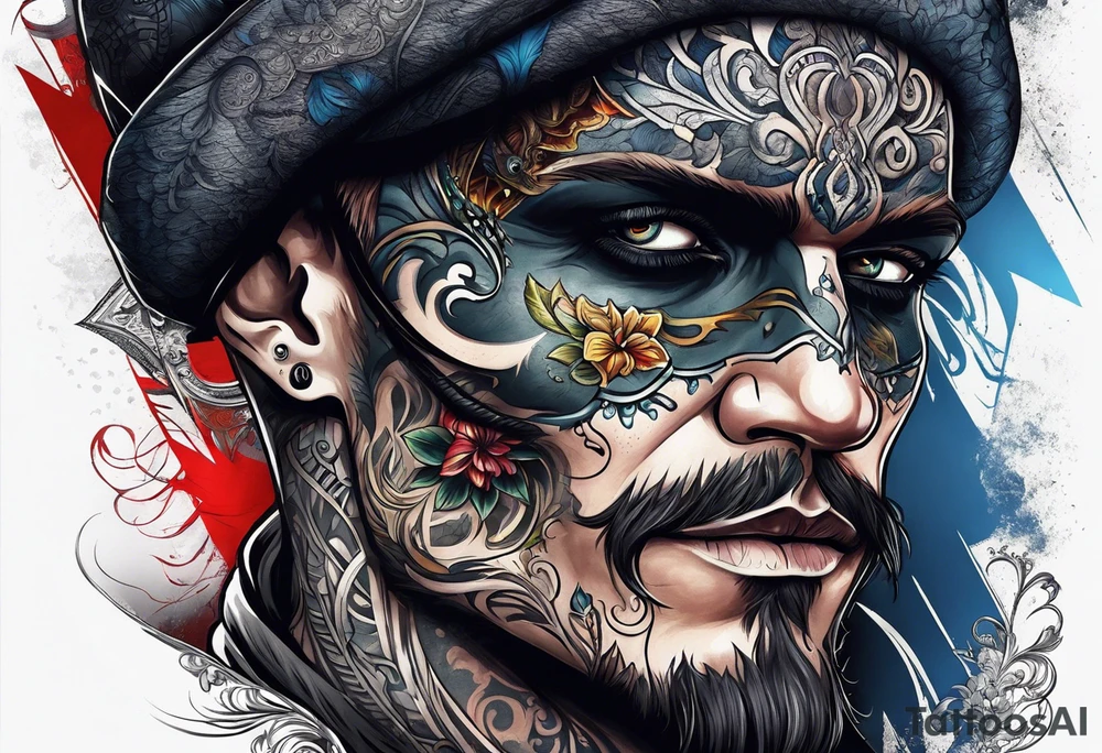 one eyed man with half face skull tattoo idea