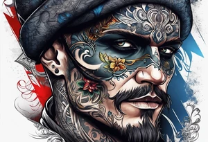 one eyed man with half face skull tattoo idea