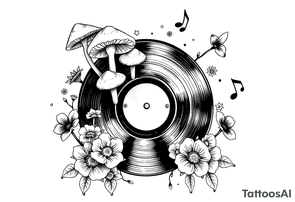 vinyl record with mushrooms, flowers, and music notes tattoo idea