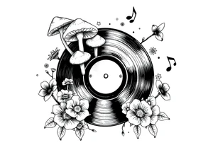 vinyl record with mushrooms, flowers, and music notes tattoo idea
