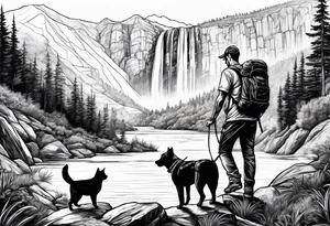 father son hiking with their dog and cat in the mountains, nature, waterfall, rive tattoo idea