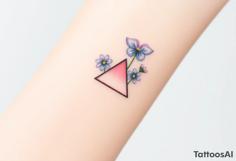 Design a very small (max 2x2 cm) tattoo for the inner wrist that subtly symbolizes lesbian identity. It should be minimal and delicate — possibly fine line or soft color. The design must be discreet yet meaningful, not instantly recognizable as LGBTQ but with layered symbolism, something like the triangle upside down. Think of subtle elements like intertwined female symbols, abstract sapphic references, or a hidden double meaning through nature (e.g. flowers, moons, triangles). Avoid clichés or bold pride imagery. Keep it elegant, wearable, and intimate. Add a daisy and a violet with a upside down triangle. Make the flowers smaller than the pink triangle tattoo idea