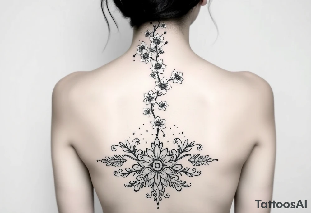 A detailed and elegant tattoo design for the spine, incorporating a vertical flow of cherry blossoms with delicate petals and branches. The lower back features symmetrical ornamental elements inspired by tribal and decorative patterns, seamlessly blending into the floral motif. The design uses fine linework, intricate dotwork, and soft curves that follow the natural contours of the body, creating a feminine and cohesive piece. The overall aesthetic is balanced, with a mix of bold ornamental elements at the lower back and light, airy floral accents along the spine. tattoo idea