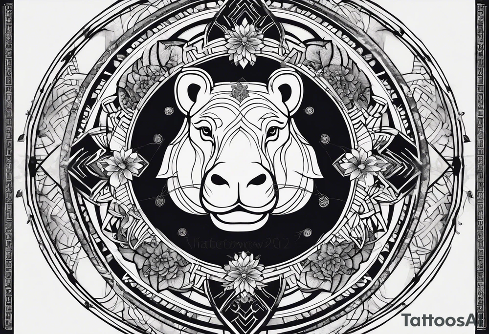 Very asymmetrical, +geometric pattern, with realistic full moon, with hippo at side look, +zen feel, + Buddhism touch, +tribal, +geometric, +inkart , +blackwork
with wintersweet flower bud, +portrait orientation, +inkart touch, tattoo idea