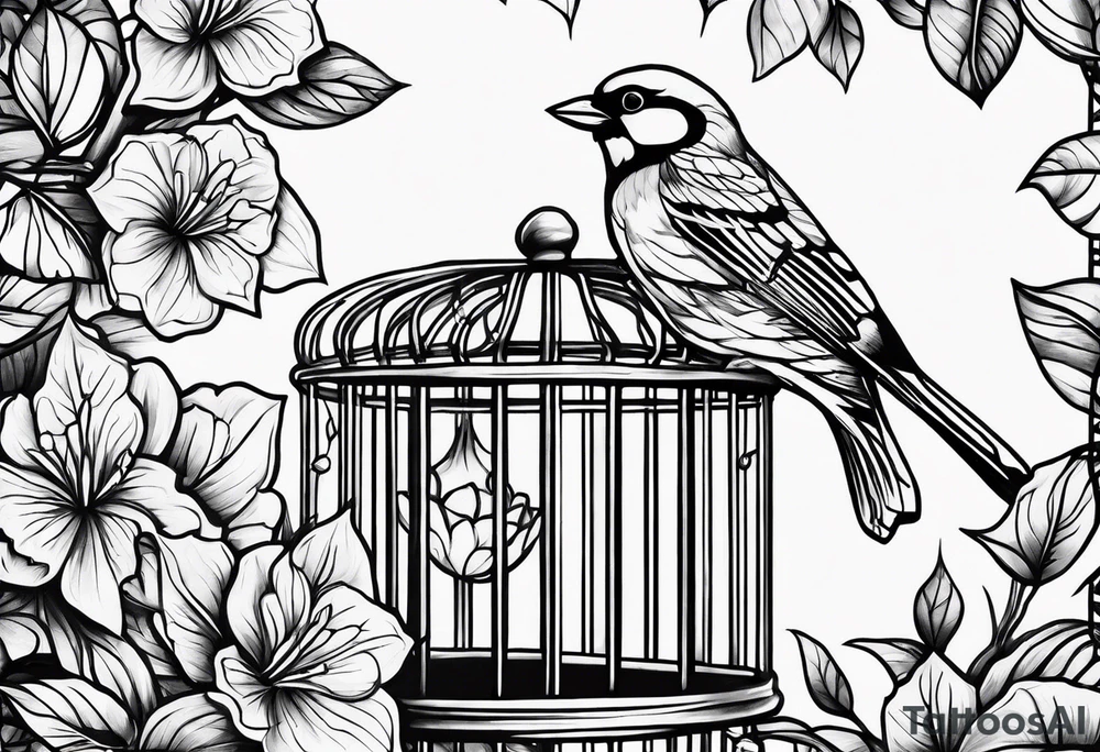 neo traditional foliage on the left top of a bird cage tattoo idea