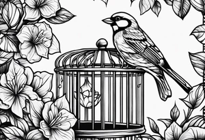 neo traditional foliage on the left top of a bird cage tattoo idea